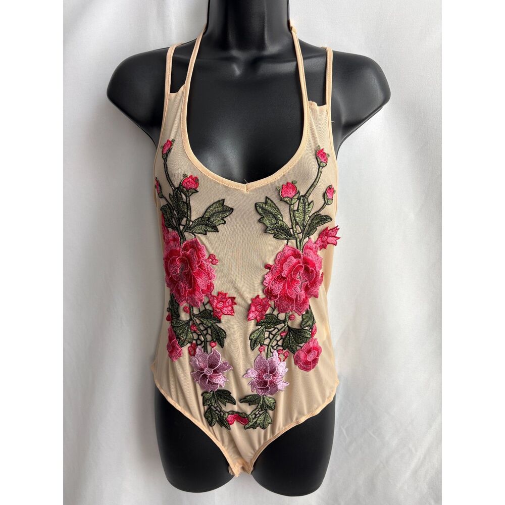 Top Chic Beige Mesh Bodysuit with Floral Embroidery Sexy Spring Feminine Top L